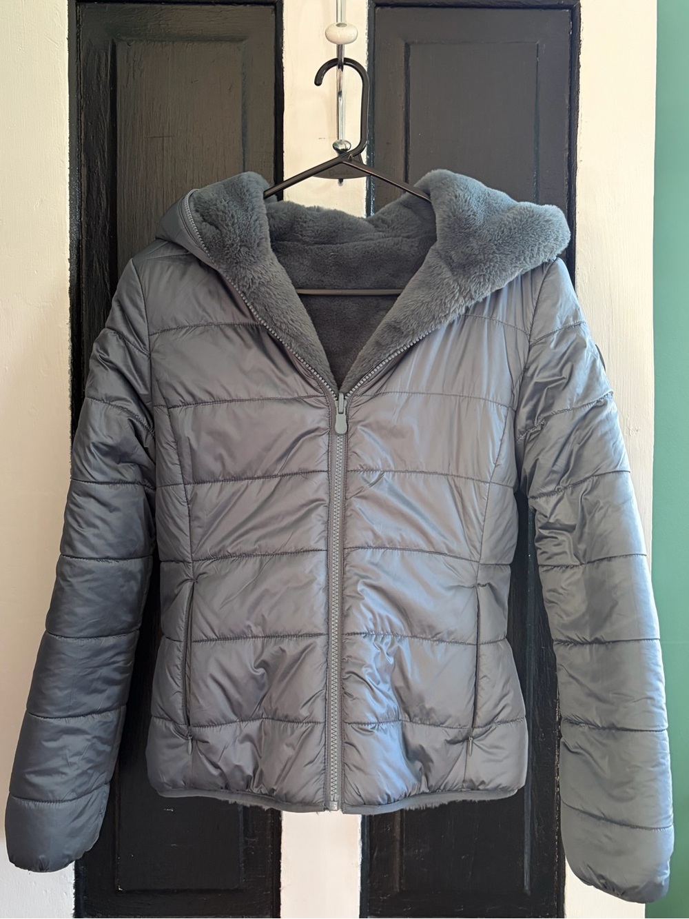 Save The Duck Reversible Hooded Jacket Faux Fur Puffer Blue Gray Vegan